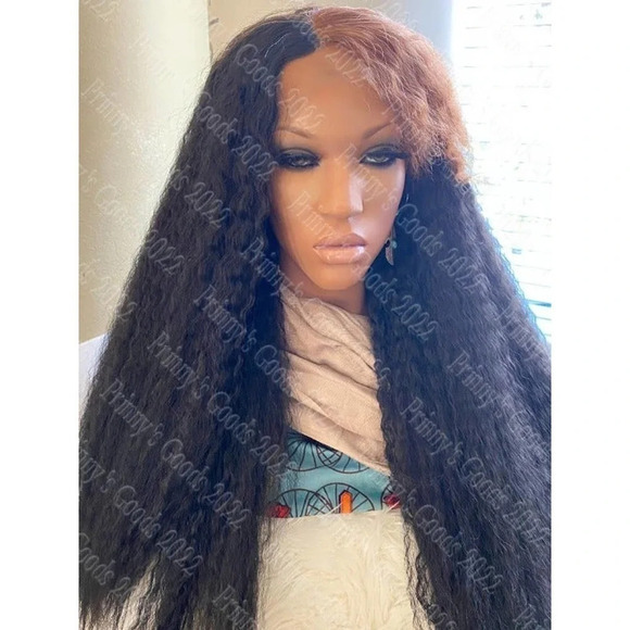 Synthetic Lace Front Wig Kinky Straight 1B/30 Bangs 20" Long Hair Deep Part U - Picture 2 of 12